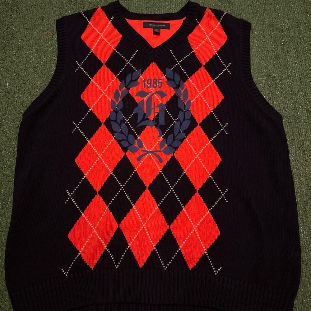 Tommy Hilfiger Plaid Diamond Striped V-Neck Sweater Mens Size XL NWOT